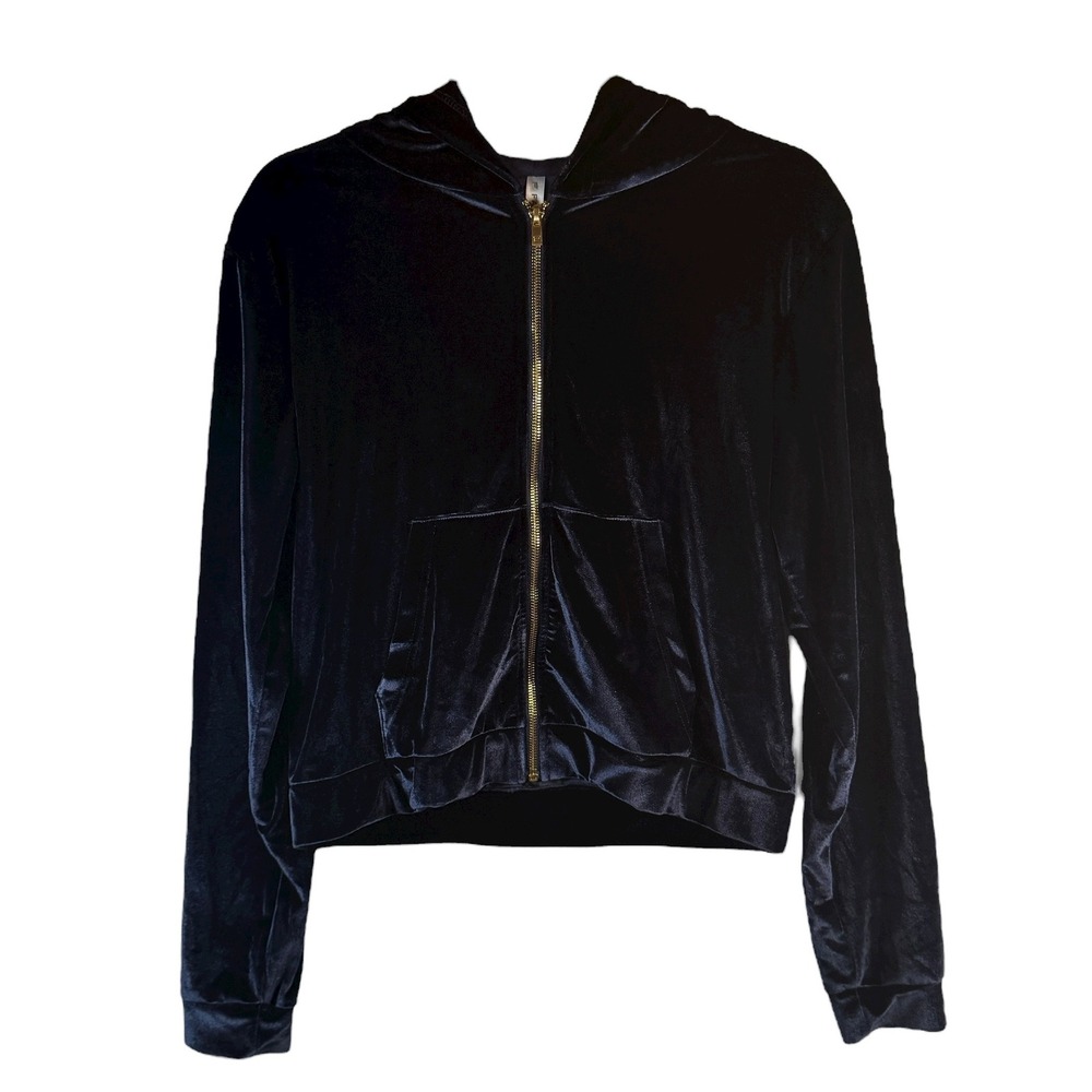 Fabletics Womens Sz M Velvet Velour Hoodie Zip Up Jacket Navy Blue Gold Hardware
